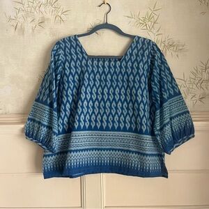 Boho Ikat Pattern 100% Cotton Square Neckline Boxy Blouse Top - Large